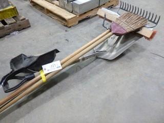 (1) Rake, Push Broom, Corn Broom, Shovel, & Dust Pan