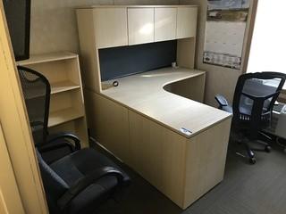 L-Shaped Desk w/ Overhead Hutch, Bookcase, 2 Task Chairs, Side Chair, and 3-drawer Lateral Filing Cabinet.