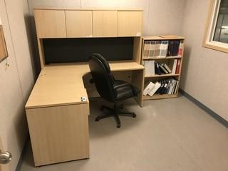 L-Shaped Desk w/ Overhead Hutch, Single Pedestal Desk, Bookcase, 2 Task Chairs, and Whiteboard.