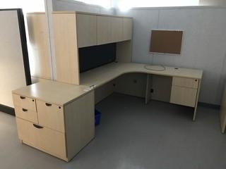 L-Shaped Desk w/ Overhead Hutch and 3-drawer Cabinet.