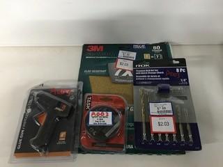 Assorted Tools Including Sandpaper, Drill Bits, Glue-Gun and Cut of Wheels