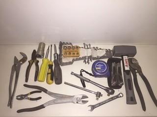 Lot of Assorted Hand Tools, Including Tape Measure, Stoning Hammer, Multi Tool Etc.