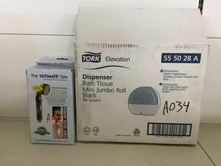 Lot of (2) Ultimate Spa Shower Systems & (1) Tork Elevation Bath Tissue Dispenser.