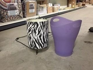 Zebra Print Lamp & Purple Waste Basket.