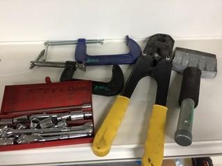 Lot of Assorted Clamps, Crimper, Snap On Mini Socket Set.