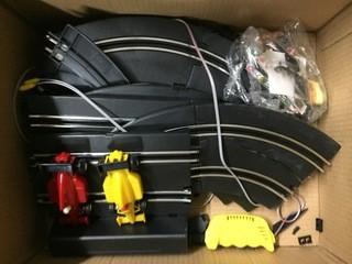 Box of Race Track Pieces & Cars.