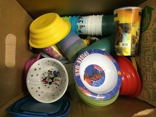 Box of Assorted Kids Plastic Dinnerware.