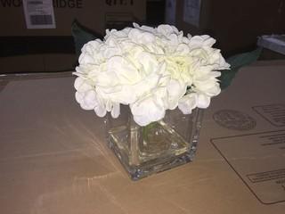 Set of (3) Glass And White Flower Decor.