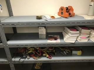 Contents of Shelving including Self Retracting Lanyards, Beam Clamp, Safety Harnesses, etc.
