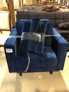 Navy Velvet Armchair with (2) Bolster Cushions.