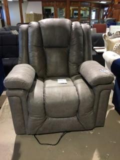 Beige Microsuede Reclining Massage Chair with USB Charging Ports.