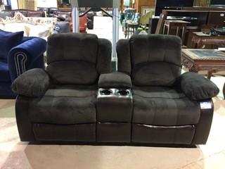 Brown Bonded Leather & Microsuede Two Seater Reclining Sofa with Centre Console.