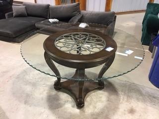Round Wood Pedestal/Glass Top Dining Table with (5) Chairs, 54" Diameter.