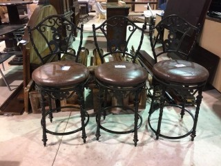 Set of (3) Metal & Leather Swivel 26" Counter Height Stools.