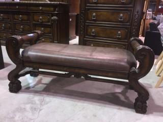 Wood & Leather Bench, 23"H x 50"W x 19"D.