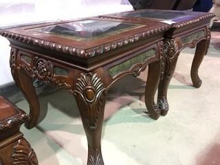 Set of (2) Marble Inlay End Tables, 25 1/2"H x 26"W x 26"D.