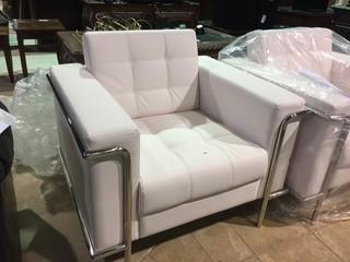 White Leather & Chrome Arm Chair, Small Rip in Seat.