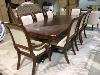 Double Pedestal Dining Table with (2) 15" Leaf Extensions, 98" Length, & (8) Dining Chairs (Need Recovering).