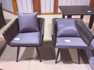 Resin Wicker Love Seat, (2) Chairs & Table with Grey Cushions. 