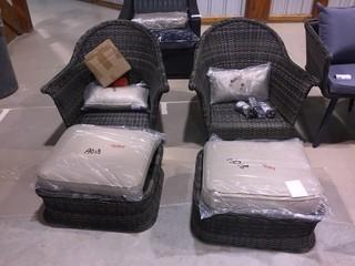 Set of (2) Resin Wicker Arm Chairs &  (2) Stools with Beige Cushions.