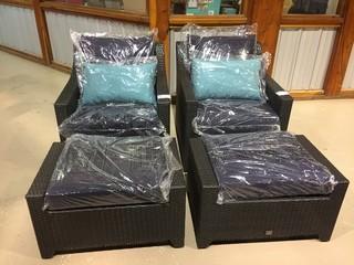 Set of (2) Resin Wicker Arm Chairs, (2) Stools & Side Table, with Navy/Teal Cushions.