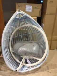 Light Blue Hanging Basket Chair with Stand & Grey Cushion, Missing Hanging Arm & Chain.