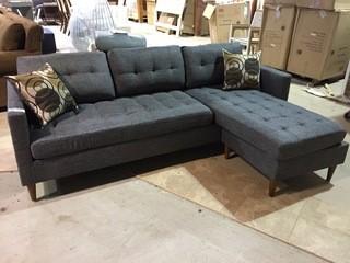 Grey Fabric Reversible Chaise Sectional, with Throw Cushions (Broken Leg).