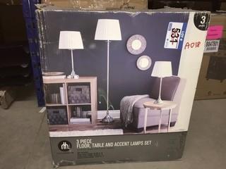 3 Piece Floor 62.99", Table 25.98" and Accent 20.67" Lamp Set, Chrome Body with Ivory Shade.