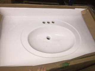 36" White Mandeline Vanity with Cultered Marble Top, Damaged.