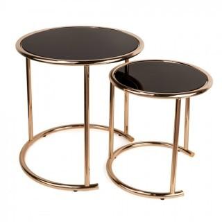 Set of (2) Rose Metal & Black Glass Nesting Tables.