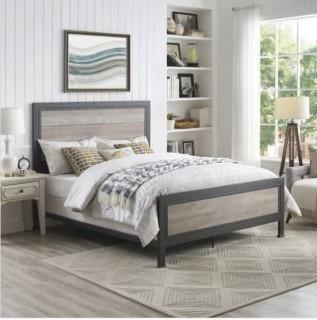 Queen Size Industrial Wood & Metal Bed, Grey Wash.