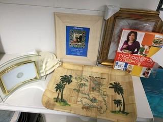 Lot of Assorted Picture Frames, Tray, Cookbook, Etc.