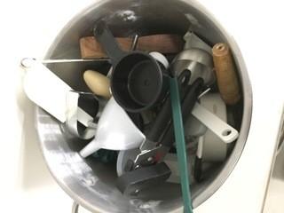 Stock Pot Containing Assorted Kitchen Tools.