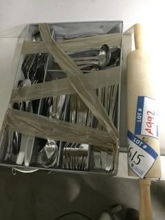 Lot of Cutlery in Tray & Rolling Pin.