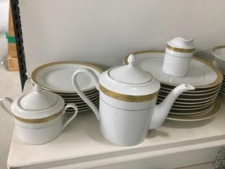 Set of Porcelain White/Gold Dinnerware, Teapot, Cream & Sugar Dish.