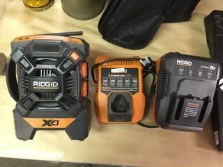 Ridgid Case Containing R84084 Work Radio, (1) 18V Battery, (1) 12V & (1) 18V Battery Chargers.