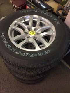 Set of (4) Goodyear Wrangler 265 65 R18 Tires & Rims for 2019 & Older Chevy Trucks, 6 Bolt. New Take-Offs 100% Tread. 