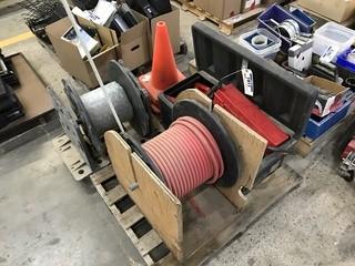 Lot of Asst. Spool of Air Hose, Flare Kit, FlashLight, Tool Chest, Pylons, etc.