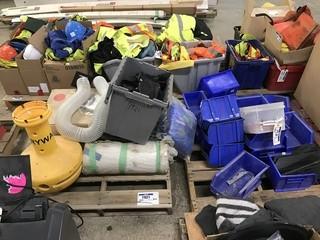 Lot of Asst. Tarps, Wobble Light Base, Blue Parts Bins, Knee Pads, etc.