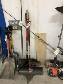 Lot of Asst. Shovels, Scraper, Rake, Hook, etc.