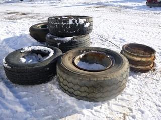 Assorted Used Tires and Rims, (3) 455/65R 22.5, (1) Rim, (2) 385/65R 22.5, (2) Rims, (1) Used Rim
