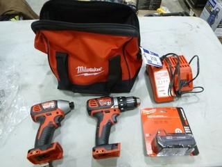 (1) 1/2" Cordless Drill/Driver, 20V c/w Red Lithium Battery, ,Charger and Bag, SN F24DD173109582, (1)1/4"  Hex Cordless Impact Driver, 18V, SN F26CD173120182 (W-2-4-2)