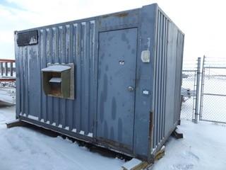 14' Storage Container c/w 12 Volt / Solar Lights , 12V Deep Cell Batteries, Steel & Plastic Shelving, Steel Man Door.