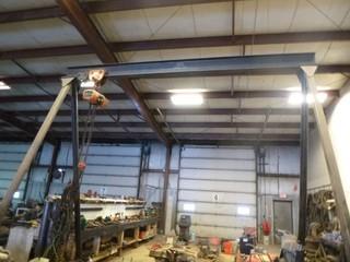 Shop Gantry Crane, Approx 14' W x 13' H and 9' Between Wheels c/w 2 Trolleys,  (1) 1 Ton Westward, (1) 5 Ton Westward, Jet Electric 230V 2 Ton Electric Hoist, Built At Provost Machine Shop, No Noticeable Certification *NOTE: Buyer Responsible For Disassembly On Load Out* 
