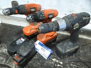 (2) Black and Decker 3/8" Cordless Drill, 18V c/w 2 Batteries and Chargers, (1) Weston Rugged 3/8" Cordless Drill, 24V w/ 1 Battery, No Charger