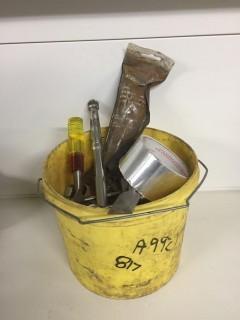 Bucket of Assorted Wrenches, Sockets, Hex Keys, Chisels Etc.