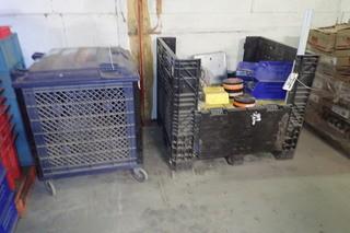 Lot of Mobile Crate Bin and Collapsible Stackable Plastic Crate w/ Asst. Electrical Cable, Sanding Discs, Grinding Discs, etc.