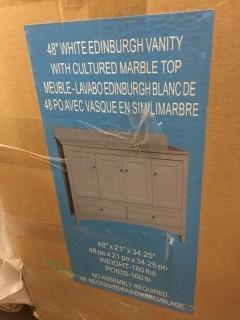 48" Mandeline White Vanity, Cultured Marble Top, Damaged. 