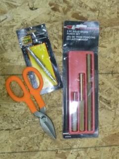3PC Solid Brass Punches, 8" Tin Snips and Pocket Blow Gun (W-3-5-2)