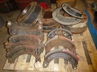 Qty of Large Truck Brake Shoes and Drums, 7 Shoes, 3 Drums, 2 Guards